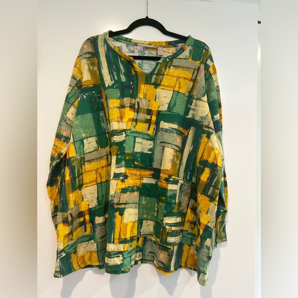 LOGO Lori Goldstein 2X Shirt Top Green Yellow Long Tunic V Neck Lagenlook - Picture 2 of 9